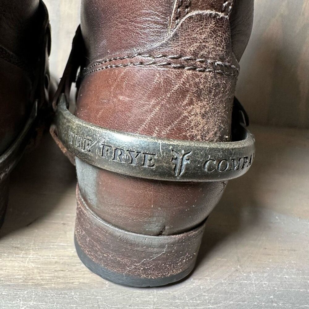 Frye Womens 5.5 Motorcycle Boots Brown Leather Straps Metal Harness Mid Calf - Picture 9 of 12